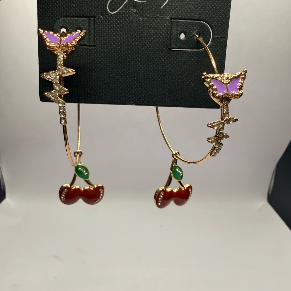 Kensie Gold Cherry Hoop Earrings with Pink Flower Accent